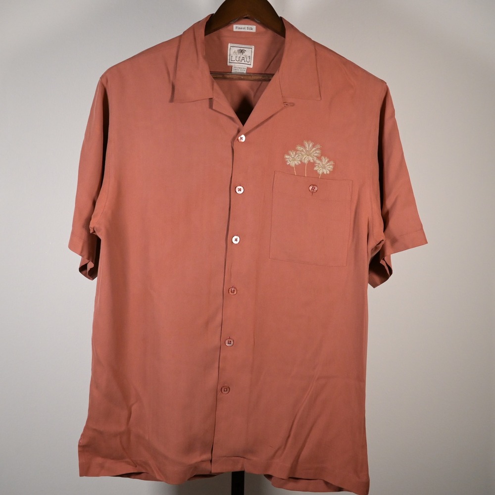 Luau Mens Silk Camp Shirt Medium Rust Orange Embroidered Tropical Cocktail Palm